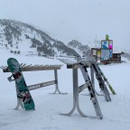 Skis and snowboards outside La Cabana