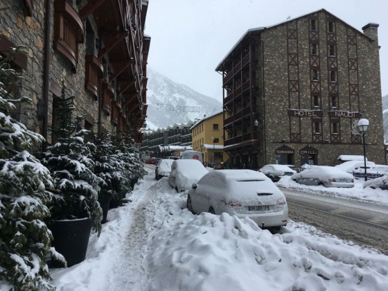 Snowed in! Heading up to Soldeu town. Hotel Naudi on the right-hand side.